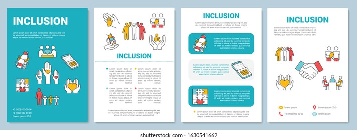 Inclusion brochure template. Disabled aid. Socialization, education. Flyer, booklet, leaflet print, cover design with linear icons. Vector layouts for magazines, annual reports, advertising posters