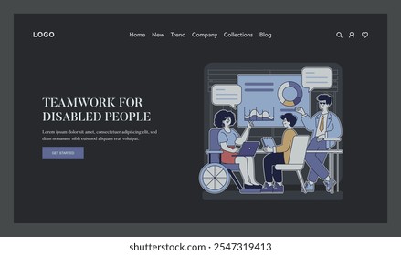 Inclusion concept. Diverse team including person in wheelchair collaborating in a business environment. Accessible workplace illustration. Vector illustration.