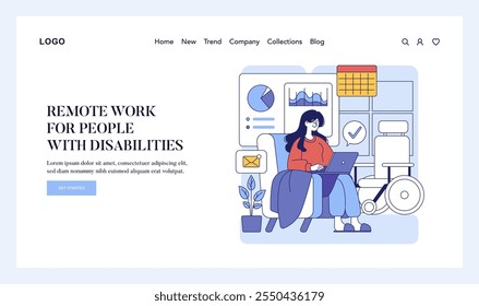 Inclusion concept. Illustration of remote work setup for employees with disabilities, promoting accessibility. Home office, adaptive technology. Vector illustration.