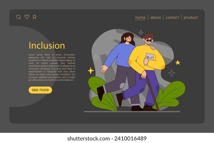 Inclusion concept. Joyful companionship with mobility aid, highlighting the warmth of an inclusive society. Celebrating diverse abilities and shared experiences. Flat vector illustration.