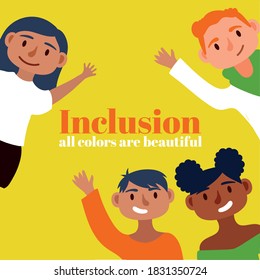 Inclusion concept lettering with community people characters vector illustration design