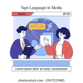 Inclusion concept. News anchors using sign language, depicting media accessibility. Diverse communication for the hearing impaired. Vector illustration.