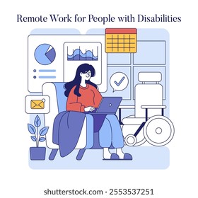 Inclusion concept. A woman with a disability working from home, highlighting accessibility in remote employment. Accessible workplace, digital proficiency, empowerment. Vector illustration.