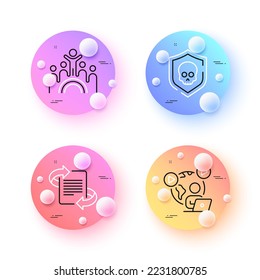 Inclusion, Cyber attack and Marketing minimal line icons. 3d spheres or balls buttons. Video conference icons. For web, application, printing. Equity rainbow, Software protect, Article. Vector