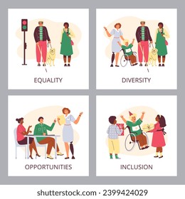Inclusion, disability people, vector illustration, flat cartoon style. Set of cards with various scenes. Woman work in the office, party, blind man with a guide dog on the street, children on birthday
