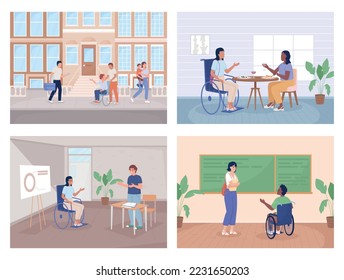 Inclusion of disabled flat color vector illustrations set. Living full life after injury. Medical care. Fully editable 2D simple cartoon characters pack with interiors and city on background