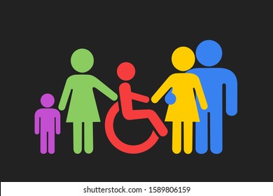 Inclusion - disabled person with phsical disability and special needs is accepted by team, family, group of people. Acceptance and social inclusivity. Vector illlustration. 