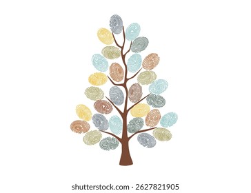 Clipart de conceito de inclusão e diversidade. Impressões digitais em forma de folhas na árvore. Impressões coloridas. Ilustração desenhada à mão vetorial.