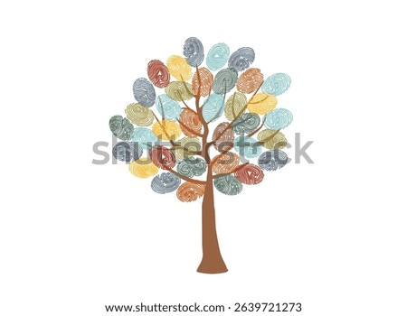 Inclusion and diversity concept clipart. Tree leaves shaped like fingerprints. Colorful fingerprints. Vector hand drawn illustration.