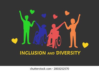 Inclusion and diversity concept. Colored silhouettes of happy women, men, disabled people in a wheelchair.