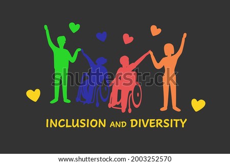 Inclusion and diversity concept. Colored silhouettes of happy women, men, disabled people in a wheelchair.