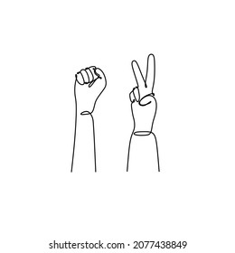 Inclusion and diversity concept. The hand shows the sign of peace and the hand is clenched into a fist. A sign of protest and struggle for rights.
