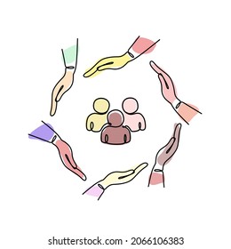 Inclusion and diversity concept. Inclusive workplace. Employee protection icon. Multinational hands form a circle. Inside the circle is the employee icon.