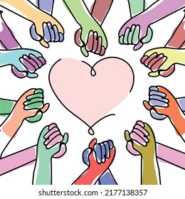 Inclusion and diversity concept. Multiethnic diverse hands hold each other and form a heart