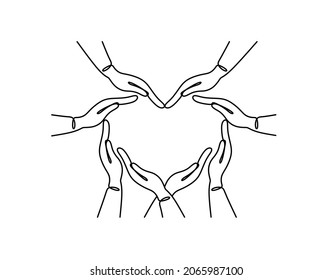 Inclusion And Diversity Concept. Multiracial Hands Form A Heart. Inclusive Illustration For Web, Print, T-shirt, Textiles, Background, Postcard. One Line Abstract Illustration