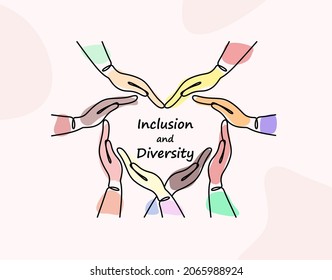 Inclusion and diversity concept. Multiracial hands form a heart. Inclusive illustration for web, print, t-shirt, textiles, background, postcard. One line abstract illustration