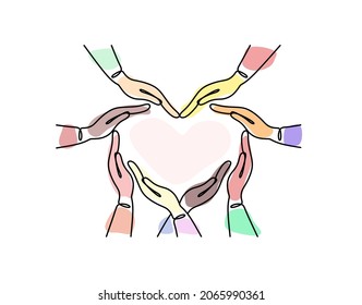 Inclusion And Diversity Concept. Multiracial Hands Form A Heart. Inclusive Illustration For Web, Print, T-shirt, Textiles, Background, Postcard. One Line Abstract Illustration