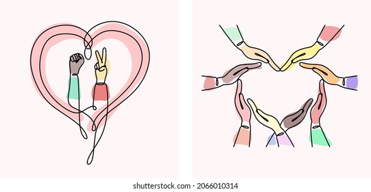 Inclusion And Diversity Concept. Multiracial Hands Form A Heart, Show The Sign Of Peace, And Are Clenched Into A Fist. Inclusive Illustration For Web, Print, T-shirt, Textiles, Background, Postcard