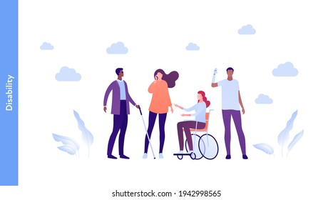 Inclusion and diversity concept. Vector flat people character illustration. Happy male and female group of different ethnic. Blind with stick, woman in wheelchair, man with prosthetic arm and deaf.