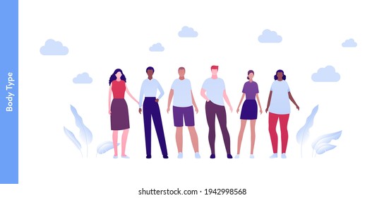 Inclusion and diversity concept. Vector flat people character illustration. Happy male and female group of different body type and size in casual outfit. Asian, african american, caucasian ethnic.