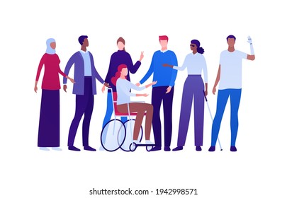 Inclusion and diversity concept. Vector flat people character illustration. Multicultural and multinational happy male and female crowd. Blind with stick, woman in wheelchair, man with prosthetic arm.