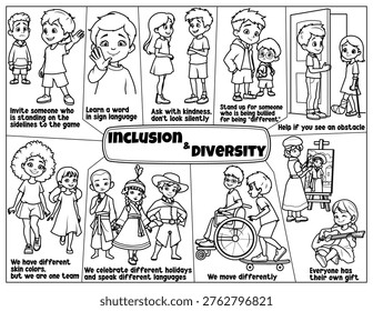 Inclusion and diversity educational activity sheet for children. Coloring page featuring diverse kids showing kindness, equality, and disability awareness