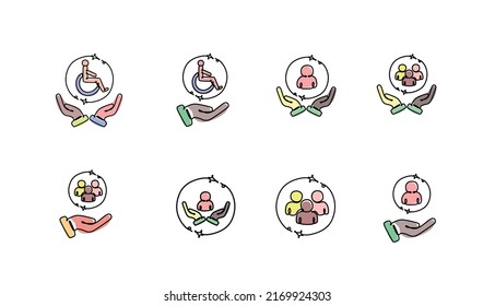 Inclusion And Diversity Icons Set. Inclusive Workplace. Employee Protection Icon Illustrations. 