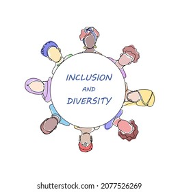 Inclusion and diversity one line vector icons. Multiethnic people around a circle, lettering inclusion and diversity