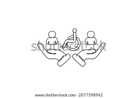 Inclusion and diversity one line vector icons. Pictogram of waist-high people and a person in a wheelchair. Hands holds a diverse  of people. Employee protection, user, business icon. 