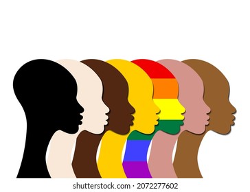 Inclusion and diversity. Silhouettes of people and LGBTQ+ set, people portrait vector logo for website, banner gay pride concept, colorful rainbow sign vector isolated on white background 