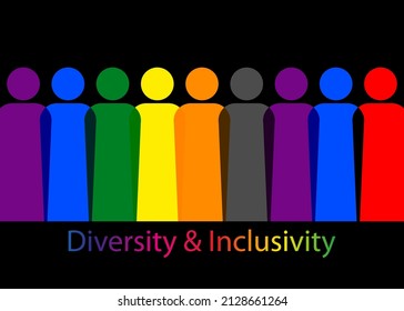 Inclusion and diversity. Silhouettes of people and LGBTQ+ set, people portrait vector logo for website, banner gay pride concept, colorful rainbow sign vector isolated on black background 