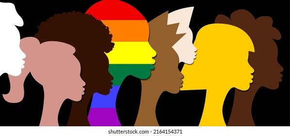 Inclusion and diversity. Silhouettes of people and LGBTQ+ set, people portrait vector logo for website, banner gay pride concept, colorful rainbow sign vector isolated on black background 