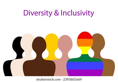 Inclusion and diversity. Silhouettes of people and LGBTQ+ set, banner gay pride concept for website, colorful rainbow sign, vector illustration isolated on white background 