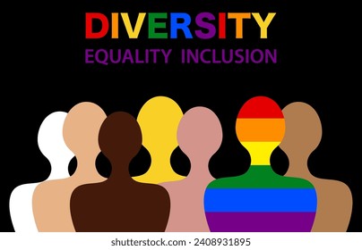 Inclusion and diversity. Silhouettes of people and LGBTQ+ set, banner gay pride concept for website, colorful rainbow sign, vector illustration isolated on black background 