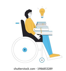 Inklusion Bildung und Lernen. Wissen. Rollstuhlfahrer mit Behinderung und Büchern. Prüfungsvorbereitung. Vektorfarbenzeilengrafik.