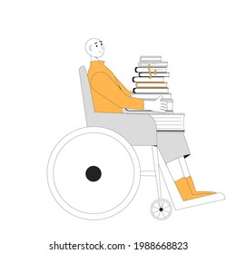 Educación y aprendizaje inclusivos. Conocimiento. Estudiante de silla de ruedas discapacitado con libros. Preparación del examen. Ilustración de la línea de color del vector.