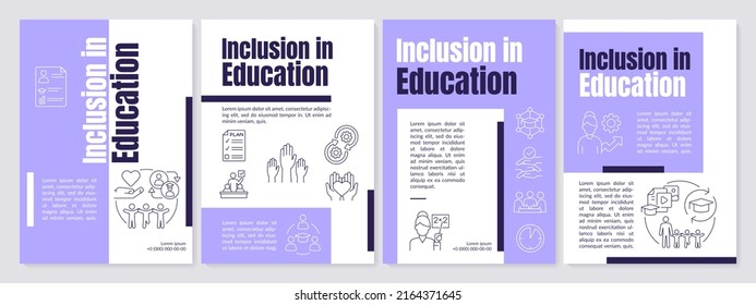 Inclusion in education purple brochure template. Students diversity. Leaflet design with linear icons. Editable 4 vector layouts for presentation, annual reports. Anton, Lato-Regular fonts used