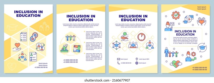 Inclusion in education yellow brochure template. Leaflet design with linear icons. Editable 4 vector layouts for presentation, annual reports. Arial-Black, Myriad Pro-Regular fonts used