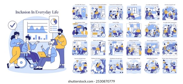 Inclusion in Everyday Life set. Diverse scenarios depicting societal inclusion for individuals with disabilities. Workplace accommodations, accessible travel, and inclusive education. Vector