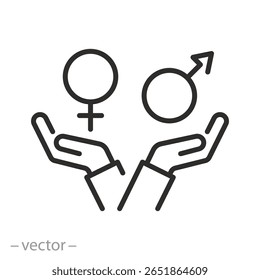 inclusão ícone de igualdade de gênero, ajuda ou apoio humano, igualdade de gênero, cuidado comunitário, homem ou mulher em equilíbrio, garantia de direitos para ambos os sexos, igualdade de pessoas salvar, ilustração vetorial de linha fina eps1