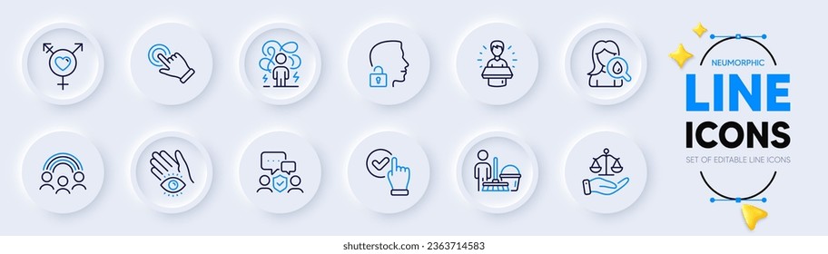 Inclusion, Genders and Difficult stress line icons for web app. Pack of Security agency, Checkbox, Touchscreen gesture pictogram icons. Brand ambassador, Cleaning, Moisturizing cream signs. Vector