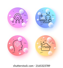 Inclusion, Hand washing and Recruitment minimal line icons. 3d spheres or balls buttons. Teacher icons. For web, application, printing. Equity rainbow, Laundry basin, Headhunter aim. Vector