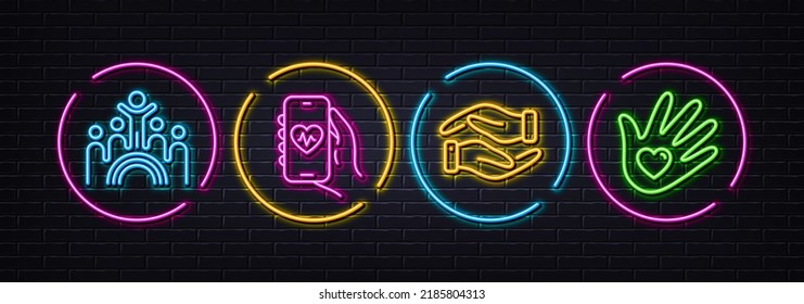 Inclusion, Helping Hand And Health App Minimal Line Icons. Neon Laser 3d Lights. Social Responsibility Icons. For Web, Application, Printing. Equity Rainbow, Charity Palm, Medical Application. Vector