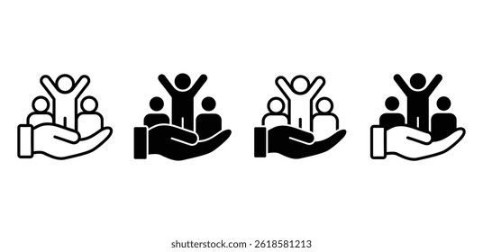 Inclusion Icon Black and White Vector Graphic of Hands Supporting a Diverse Group Illustration