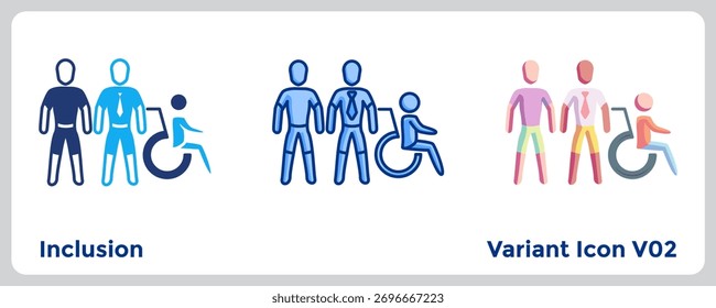 El ícono de inclusión Asistencia imágenes sobre el trabajo en equipo, la accesibilidad y la integración con la comunidad. Azul, azul plano, estilo Dualtone.