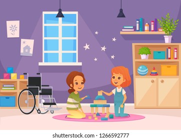 Inclusion inclusive education cartoon composition two children sit in the room and playing vector illustration