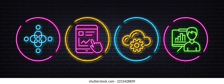 Inclusion, Internet report and Cloud computing minimal line icons. Neon laser 3d lights. Presentation board icons. For web, application, printing. Equity justice, Web tutorial, Storage process. Vector
