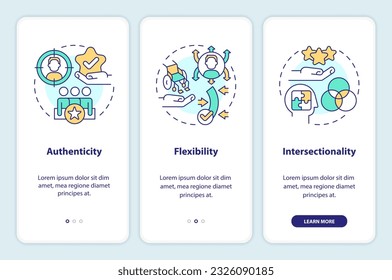 Inclusion key concepts onboarding mobile app screen. Identity centered walkthrough 3 steps editable graphic instructions with linear concepts. UI, UX, GUI template. Myriad Pro-Bold, Regular fonts used