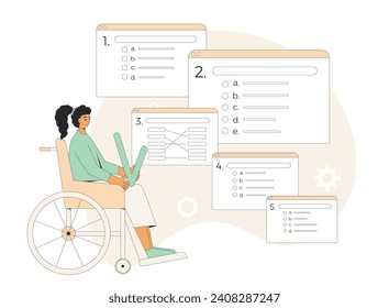 Aprendizaje de inclusión. Igualdad de acceso en exámenes en línea. Prueba de calidad. Mujer joven en silla de ruedas responde. Ilustración vectorial.