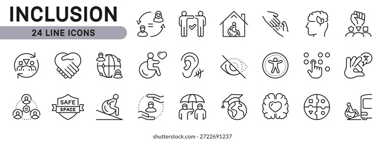 Conjunto de iconos de líneas de inclusión que representan diversidad, accesibilidad, igualdad, Asistencia de la discapacidad, comunidad. Trazo editable